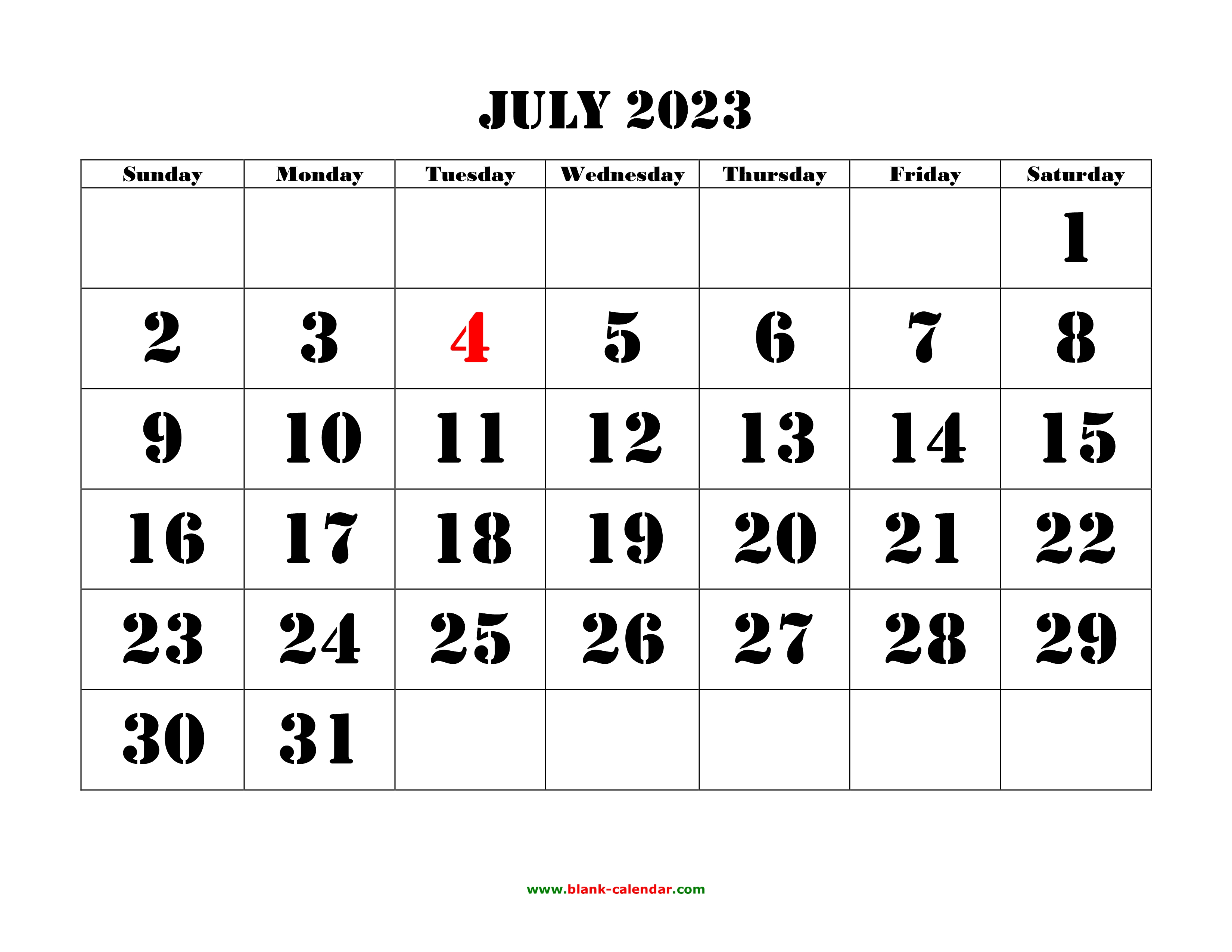 Free Download Printable July 2023 Calendar, large font design