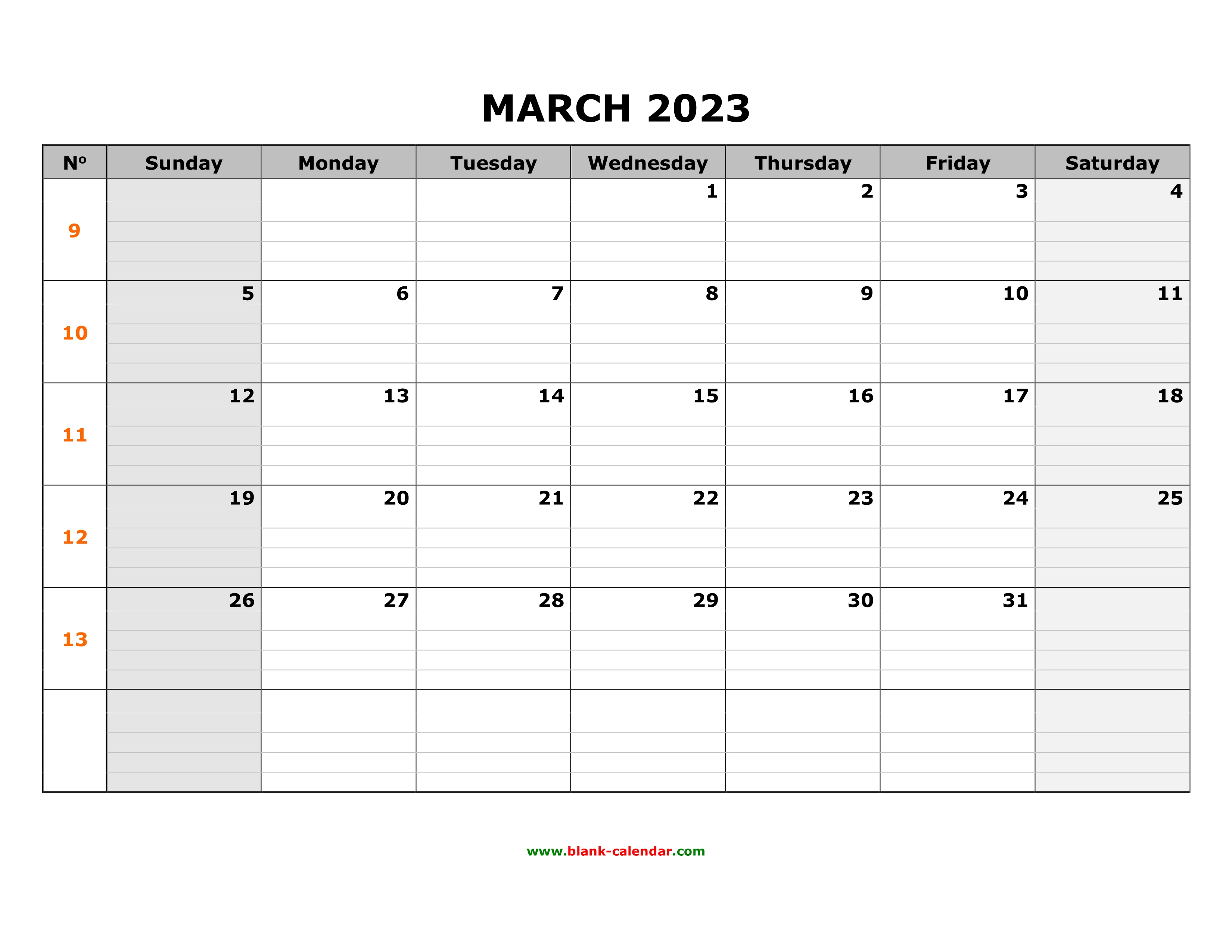 Free Download Printable March 2023 Calendar Large Box Grid Space For