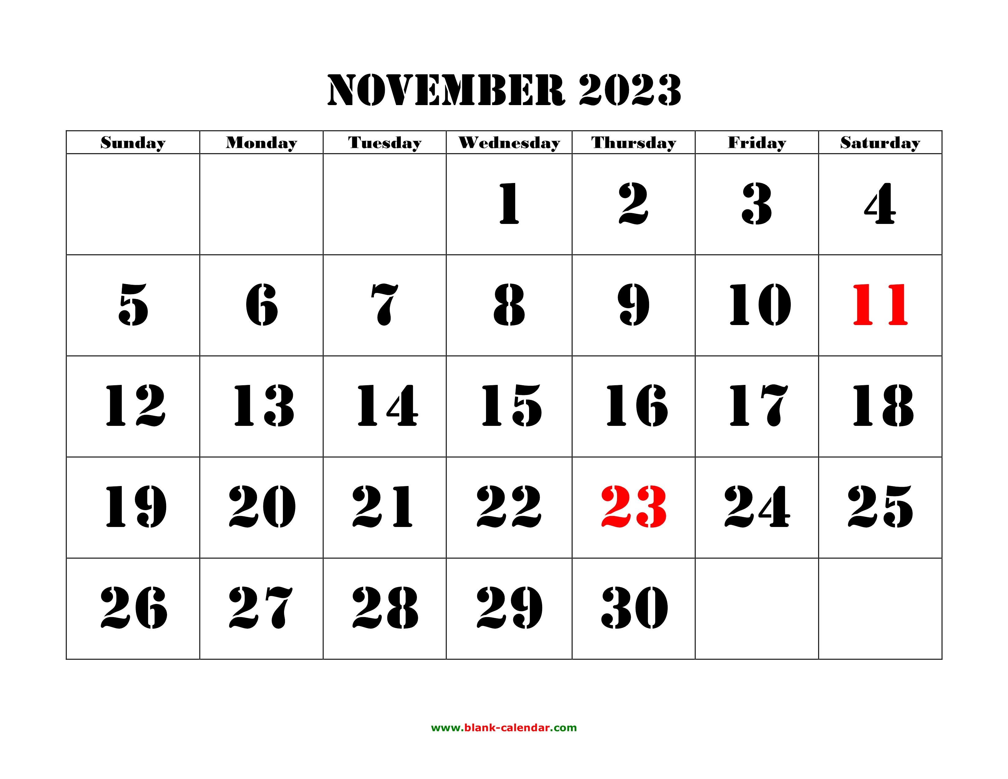 Free Download Printable November 2023 Calendar, Large Font Design ,  Holidays On Red