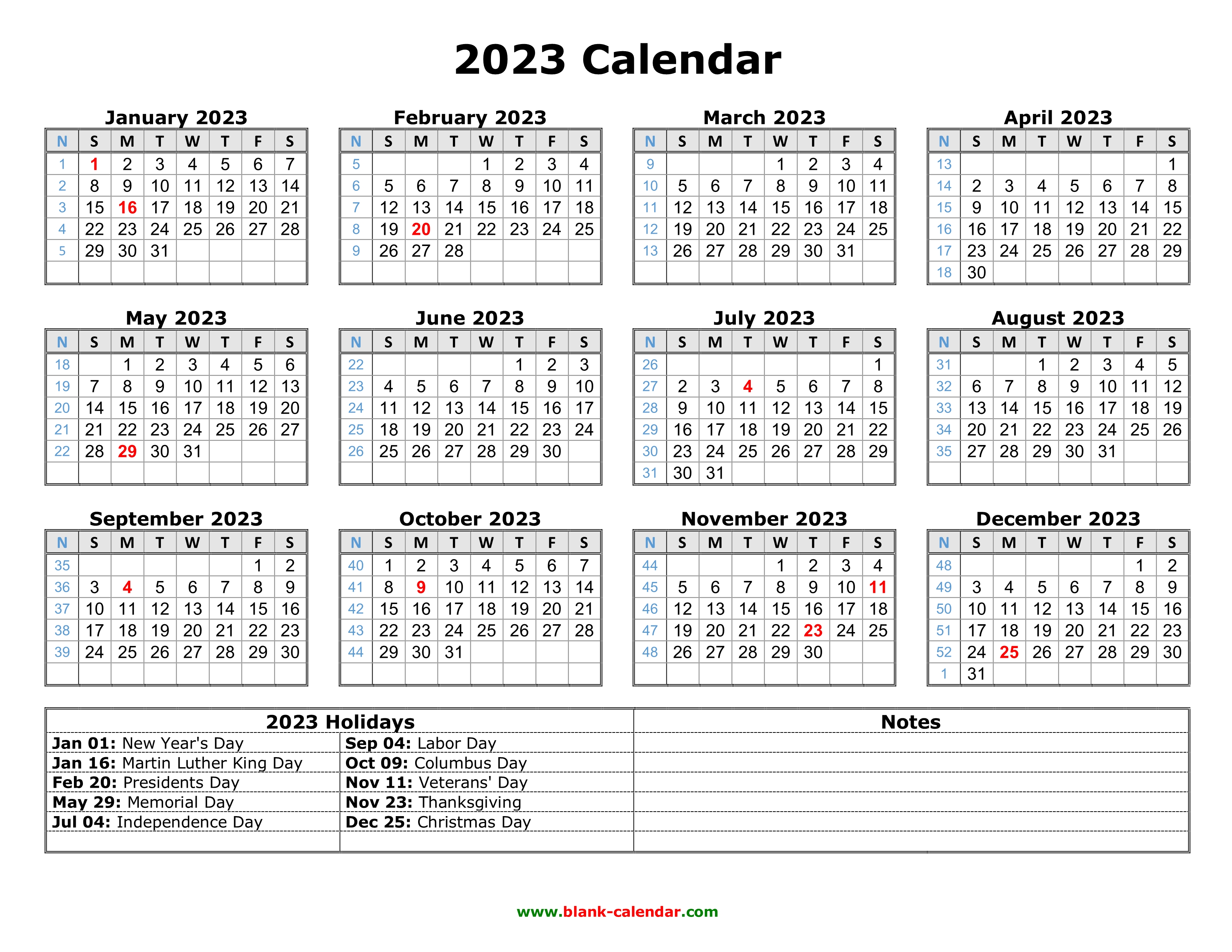 Free Download Printable Calendar 2023 With Us Federal Holidays One Page Horizontal