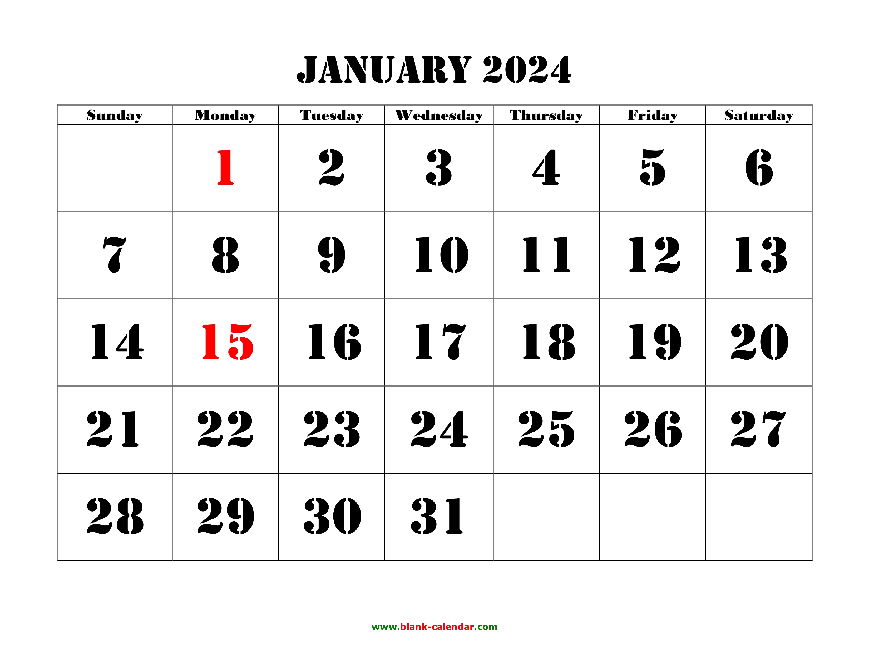 Free Download Printable January 2024 Calendar, large font design