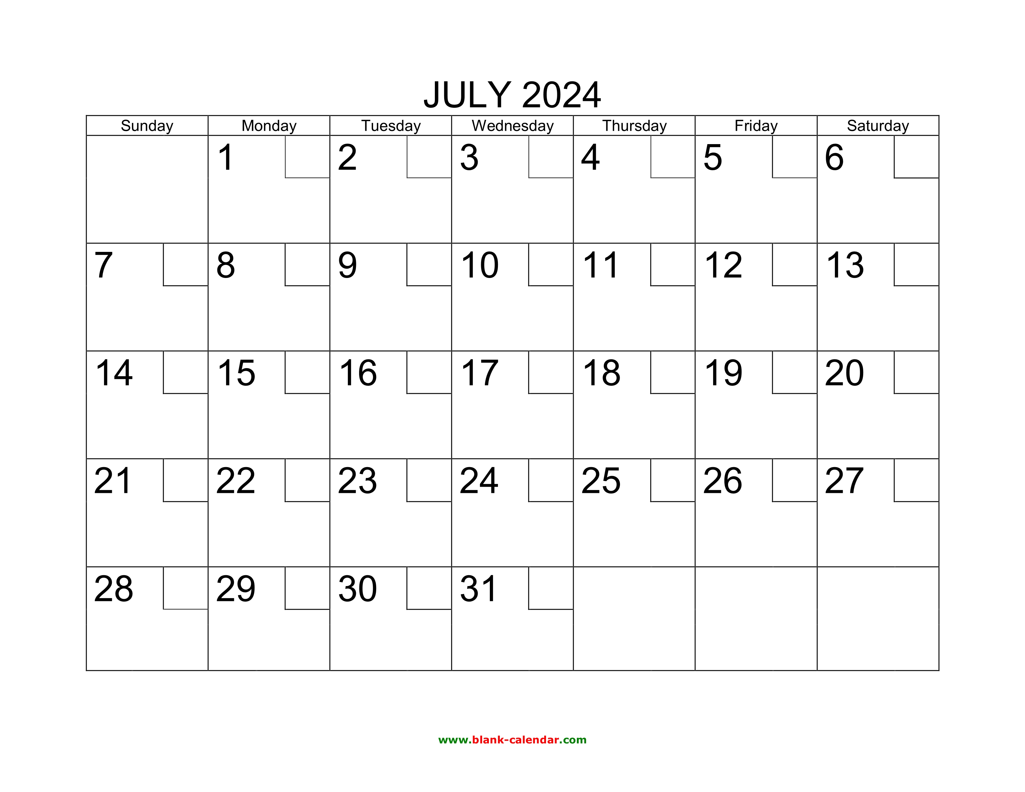 Free Download Printable July 2024 Calendar with check boxes