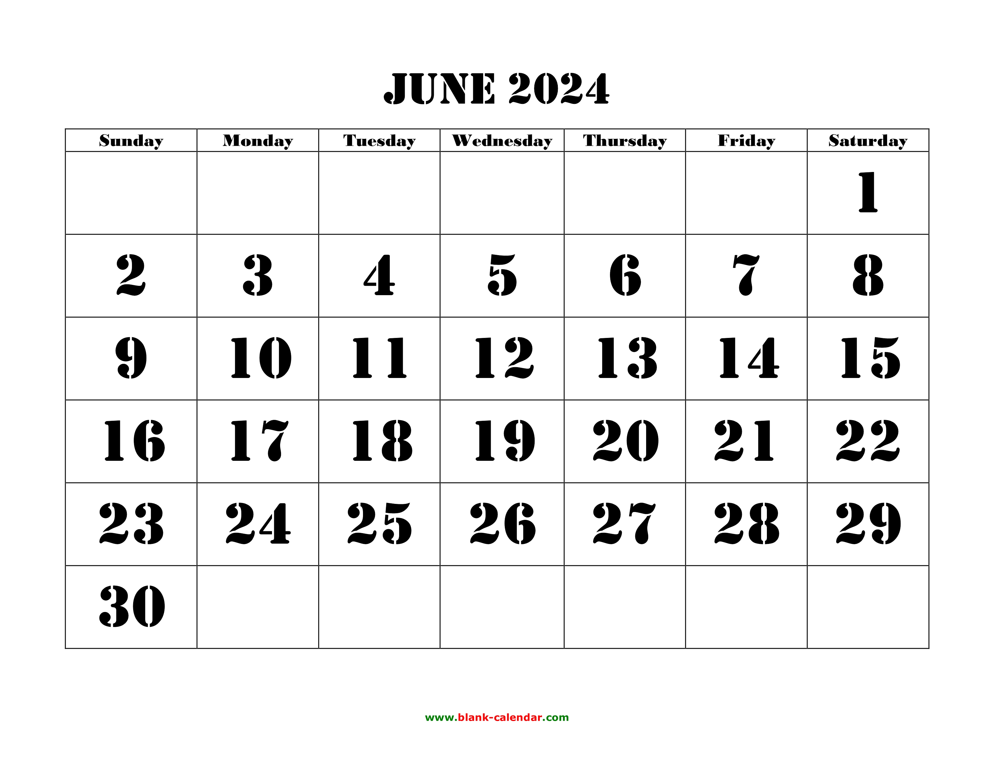 Free Download Printable June 2024 Calendar, large font design