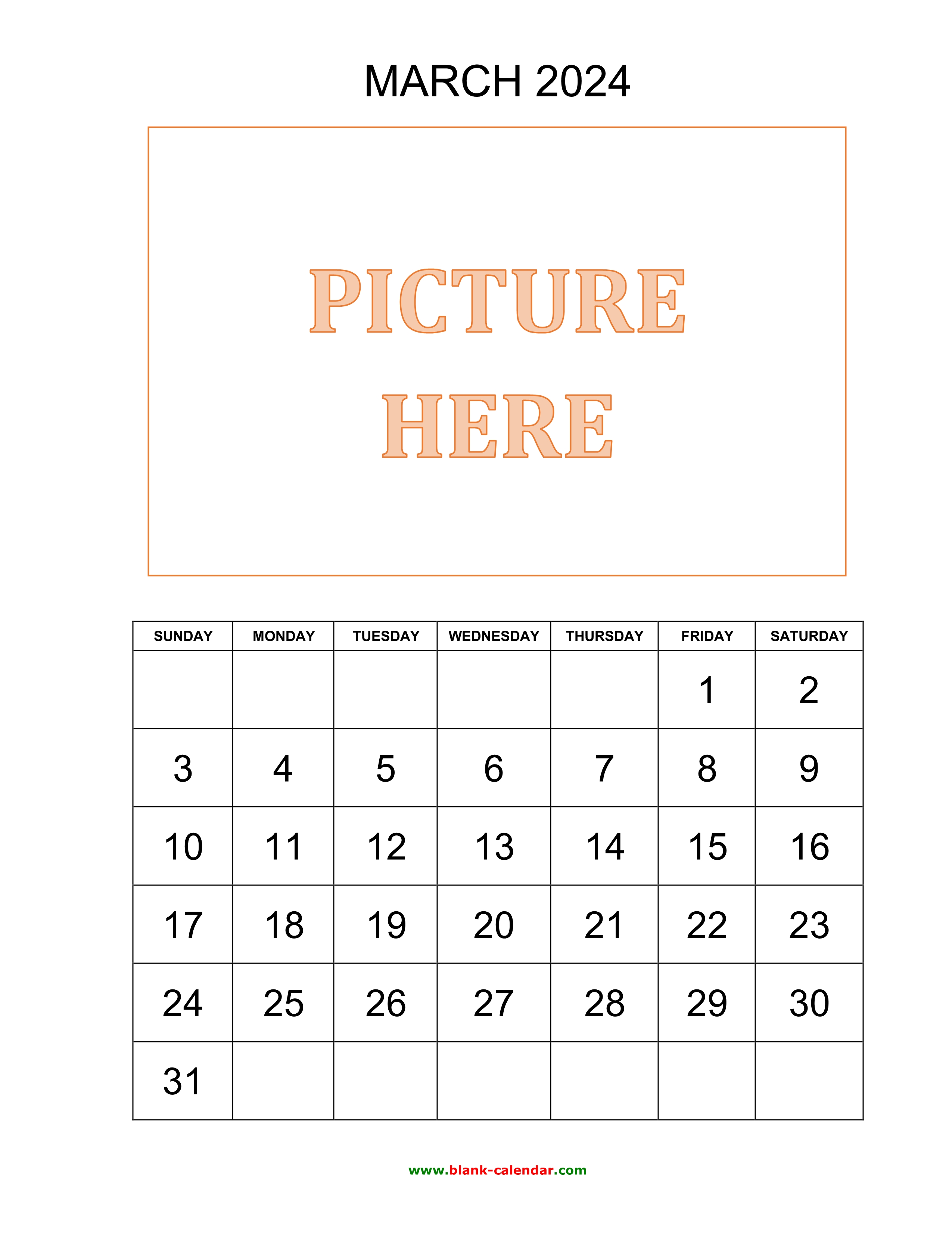 Free Download Printable March 2024 Calendar, pictures can be placed at