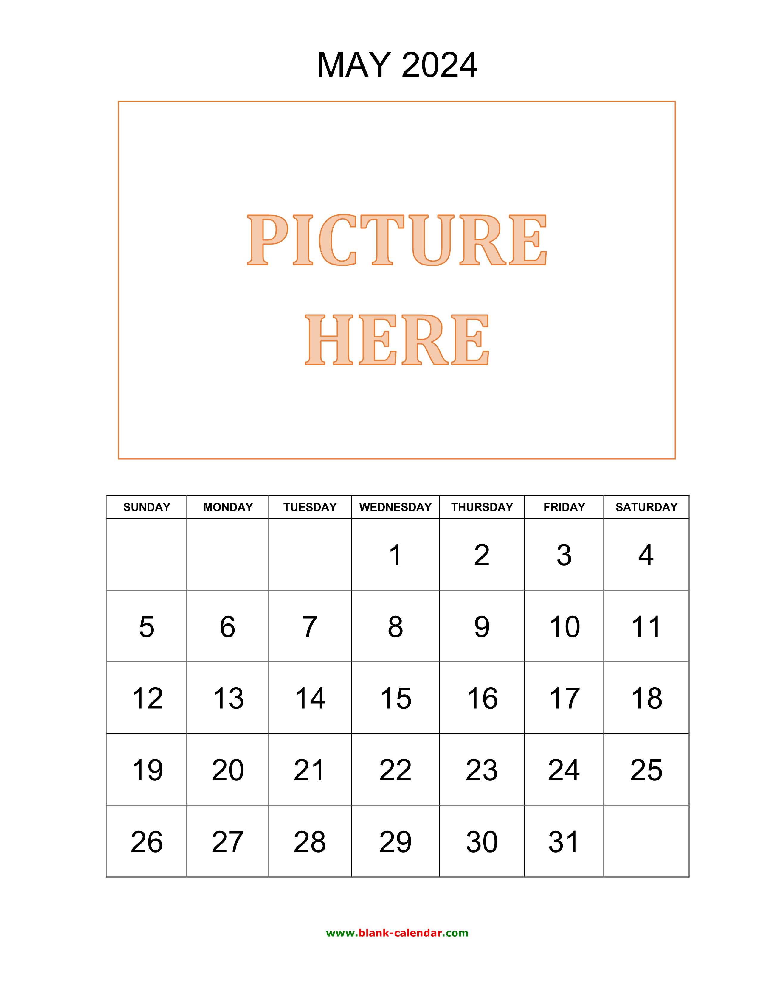 Free Download Printable May 2024 Calendar, pictures can be placed at