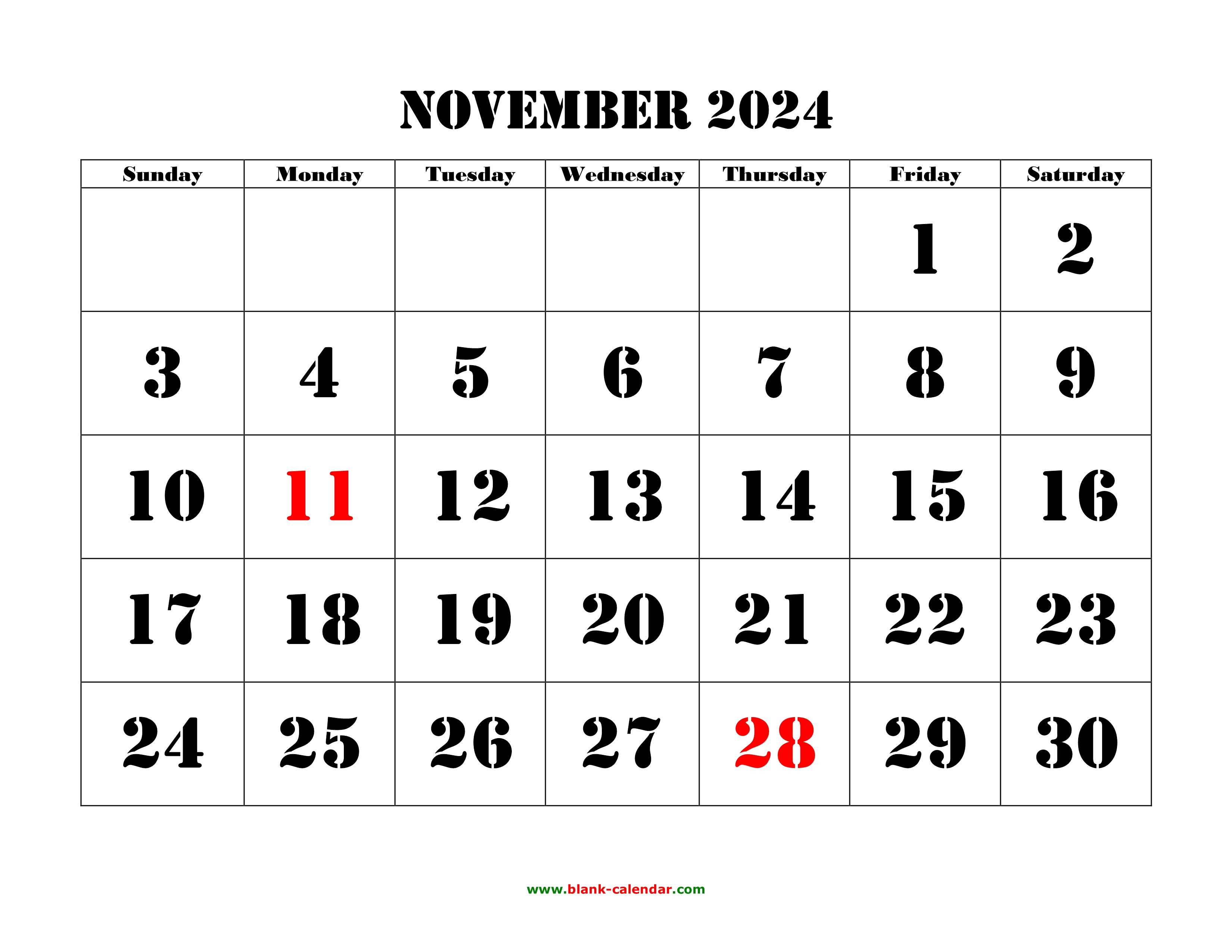 Free Download Printable November 2024 Calendar, large font design