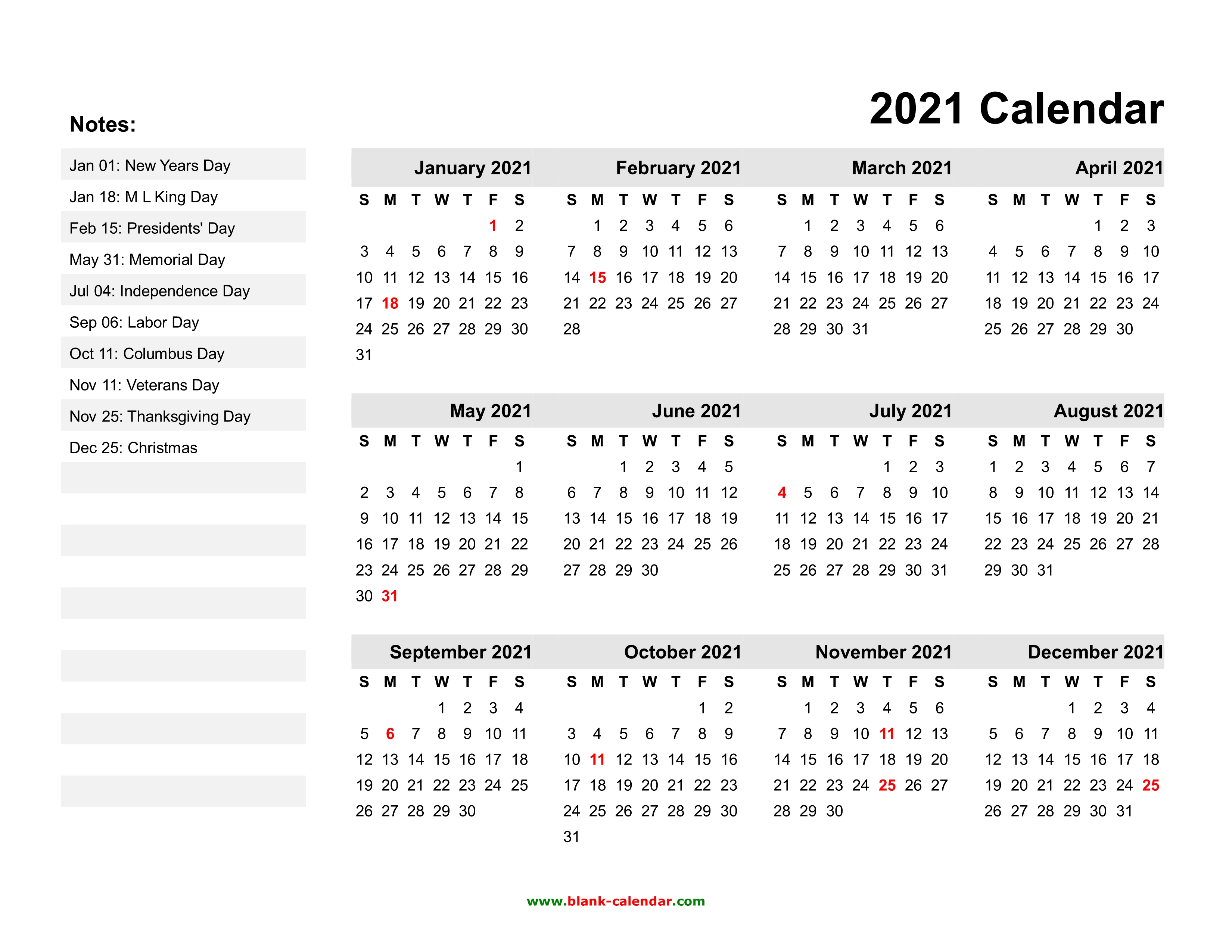 Yearly Calendar 2021 Free Download and Print