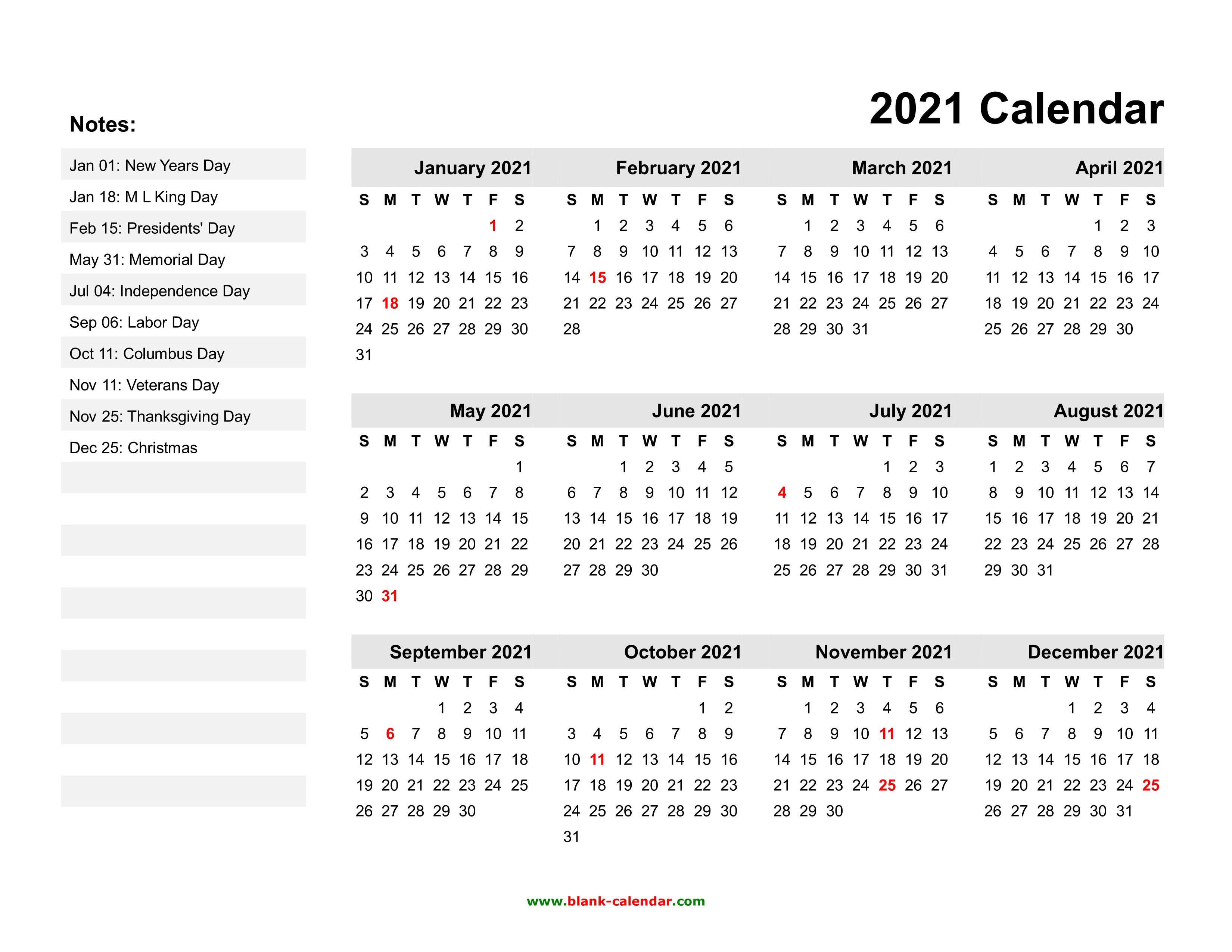 Yearly Calendar 2021 Free Download And Print