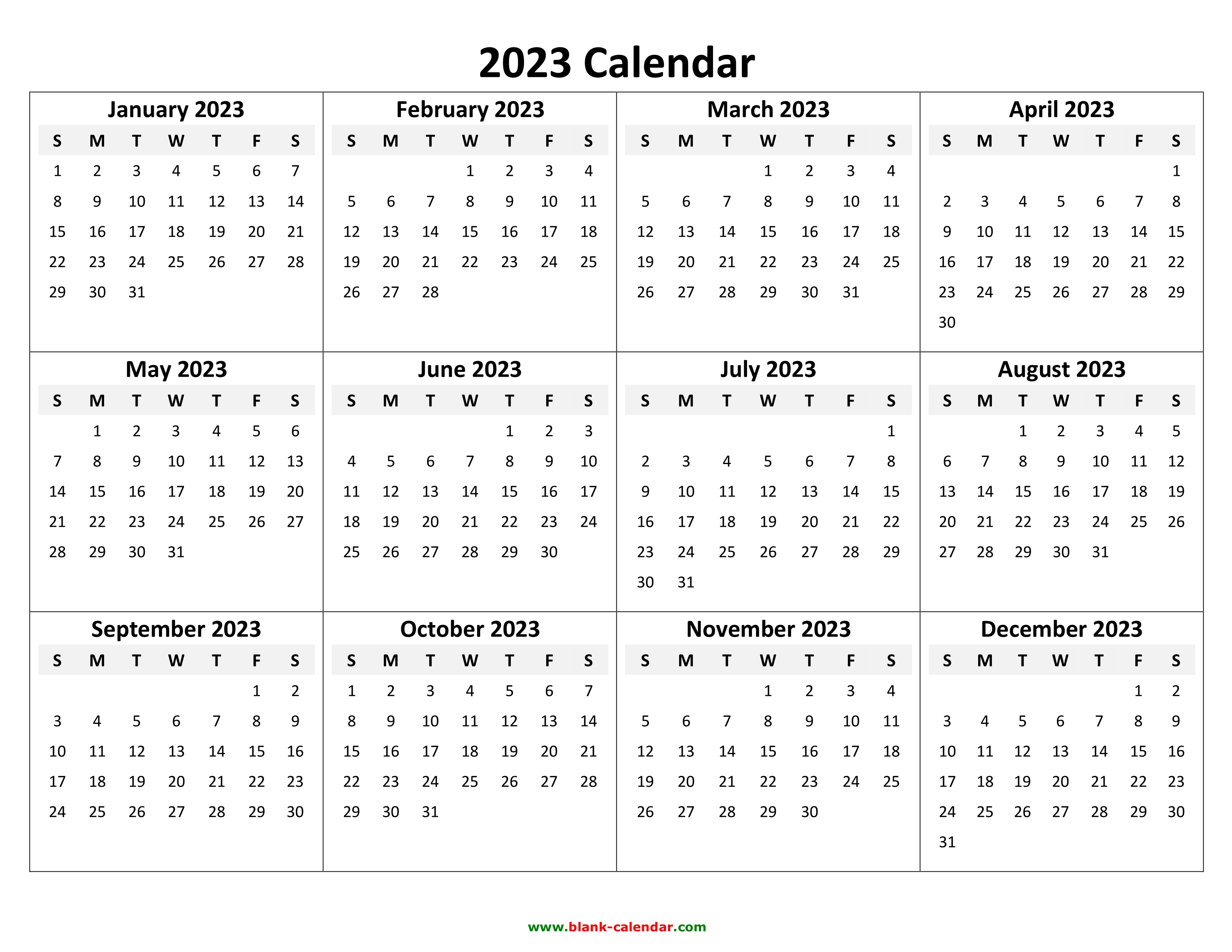 Yearly Calendar 2023 Free Download and Print