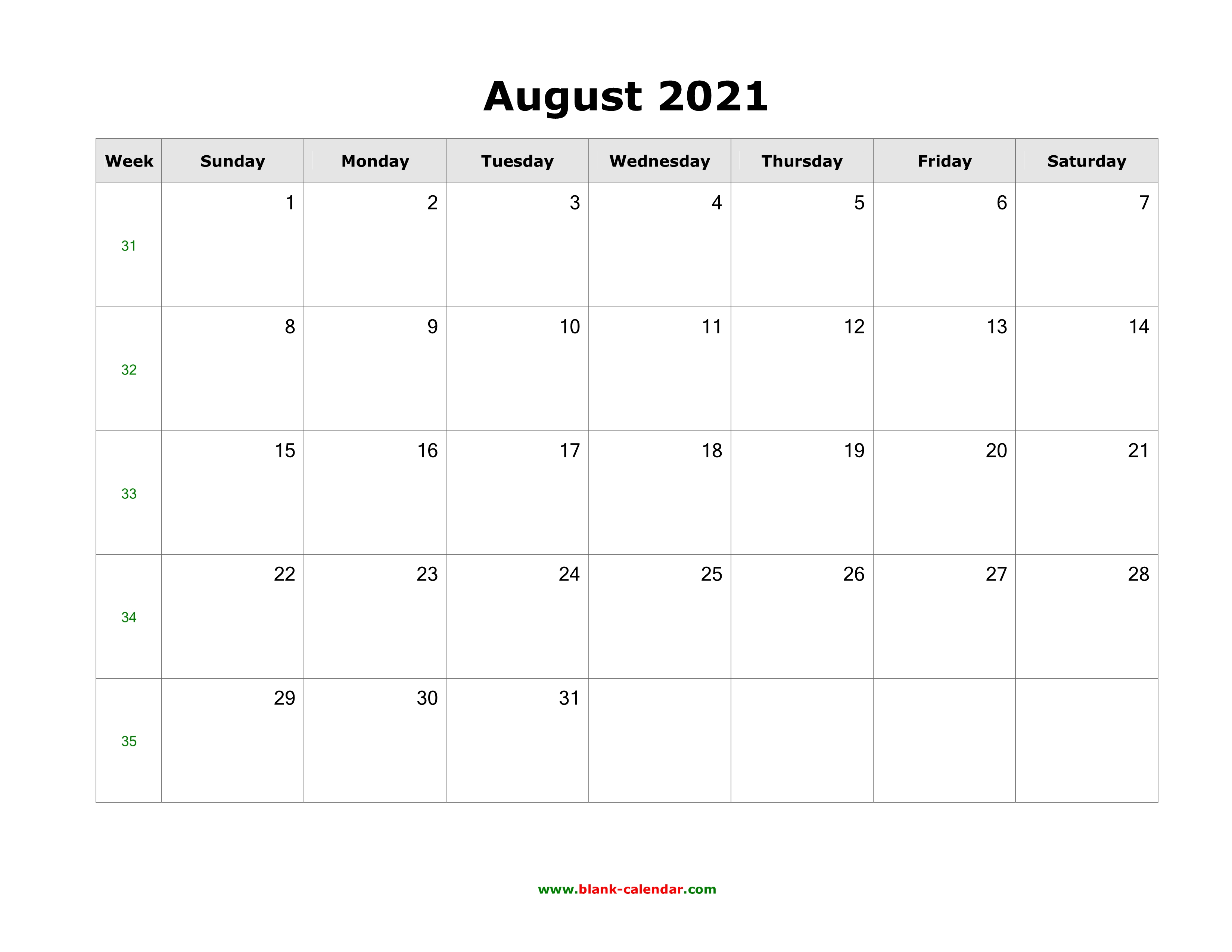 Download August 2021 Blank Calendar (horizontal)