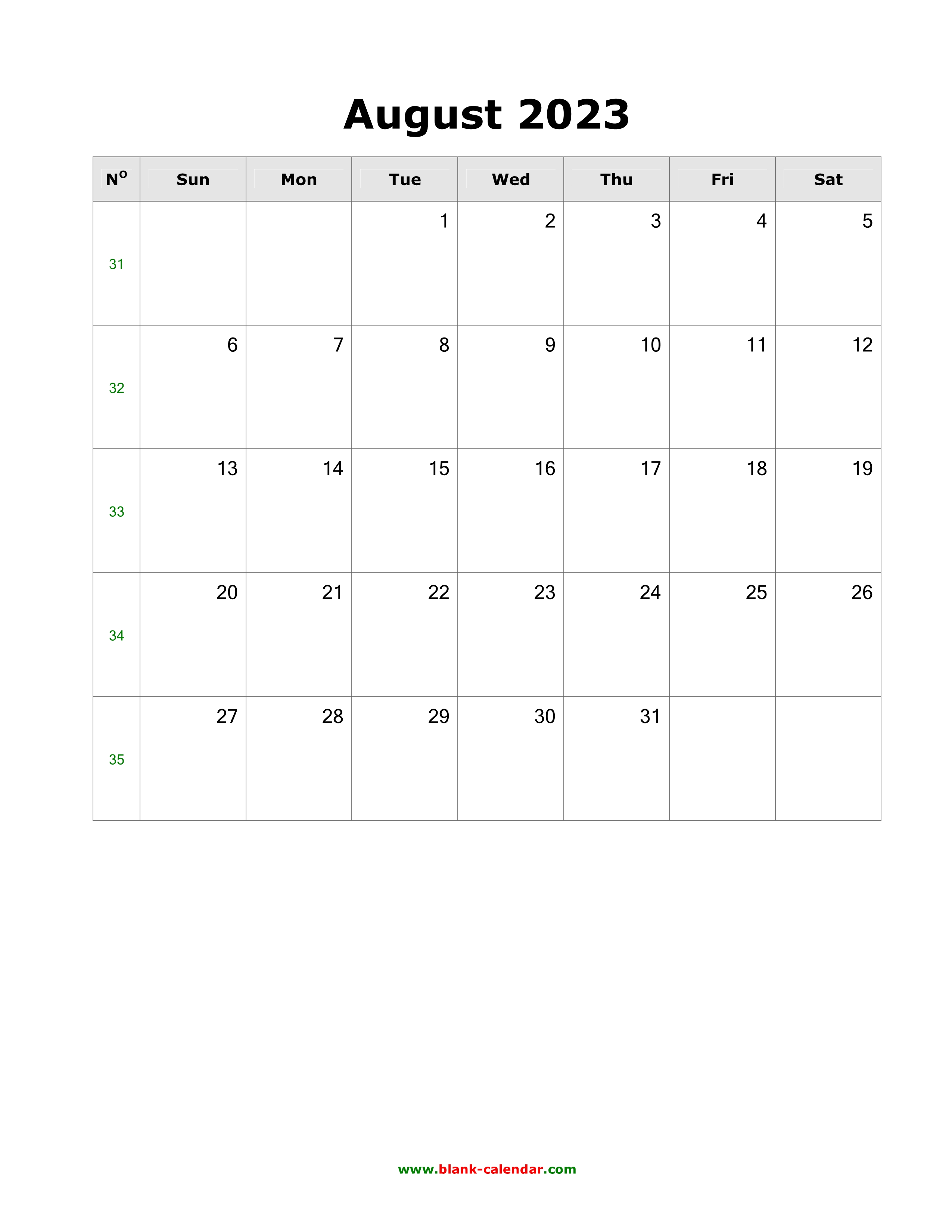 Download August 2023 Blank Calendar With Us Holidays Vertical