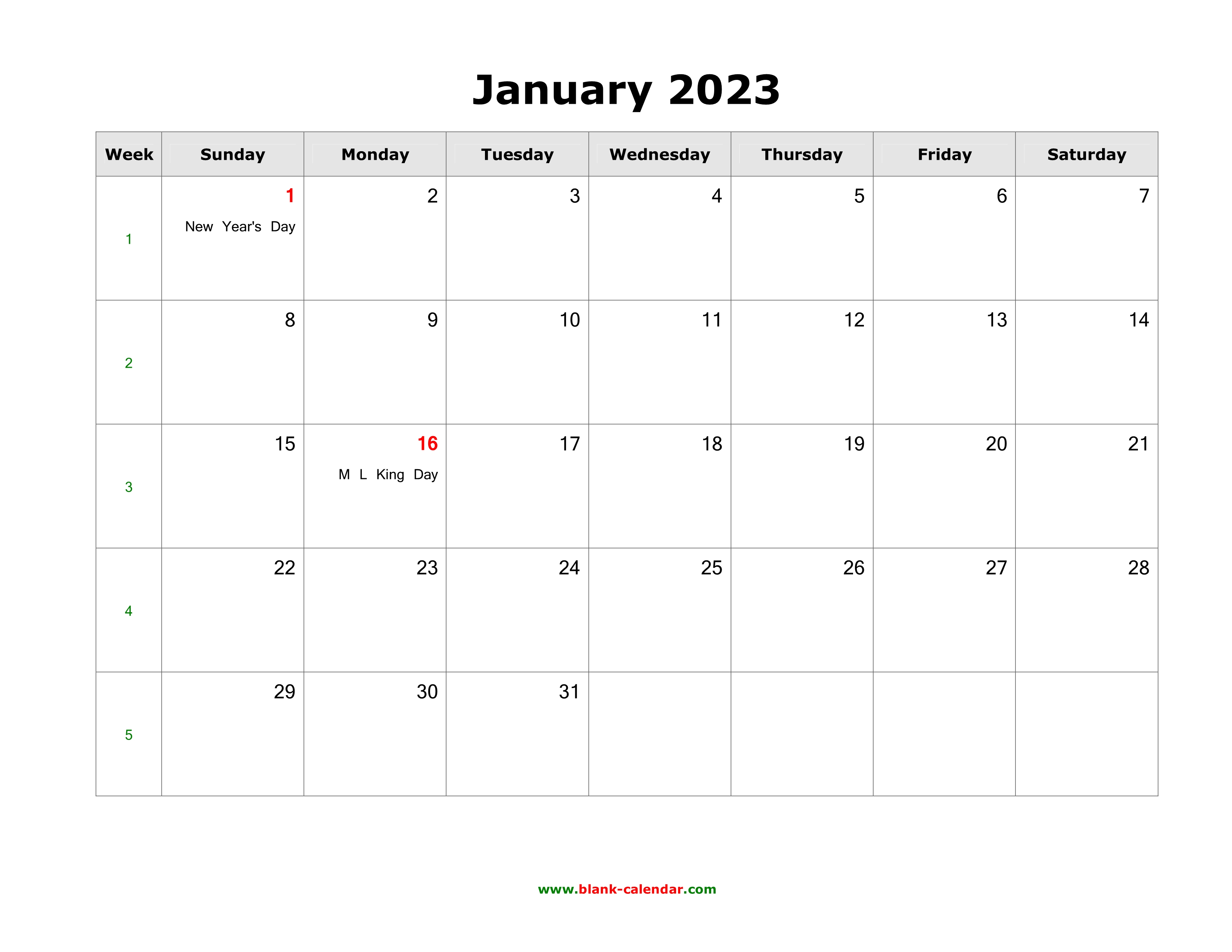 Download January 2023 Blank Calendar with US Holidays (horizontal)