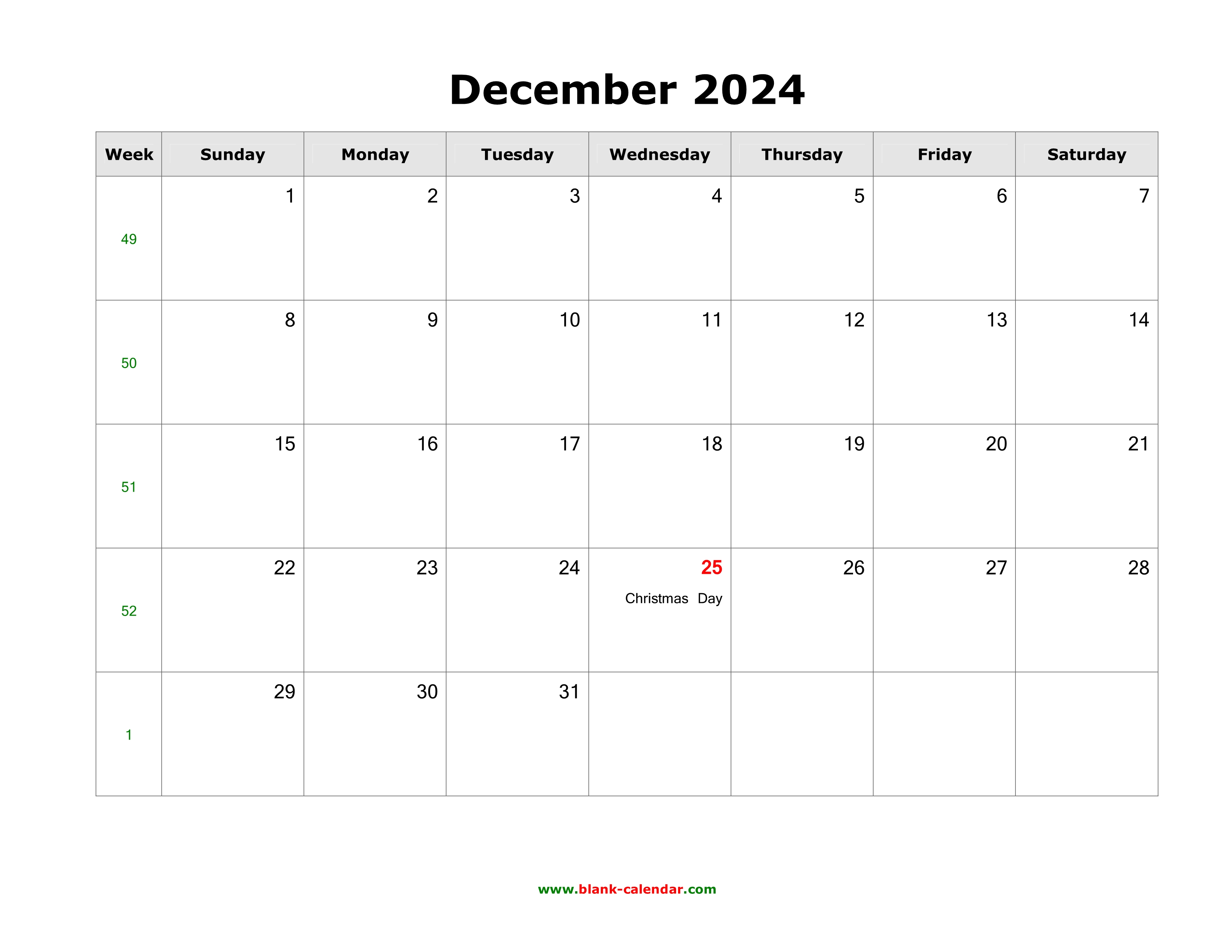 Download December 2024 Blank Calendar with US Holidays (horizontal)