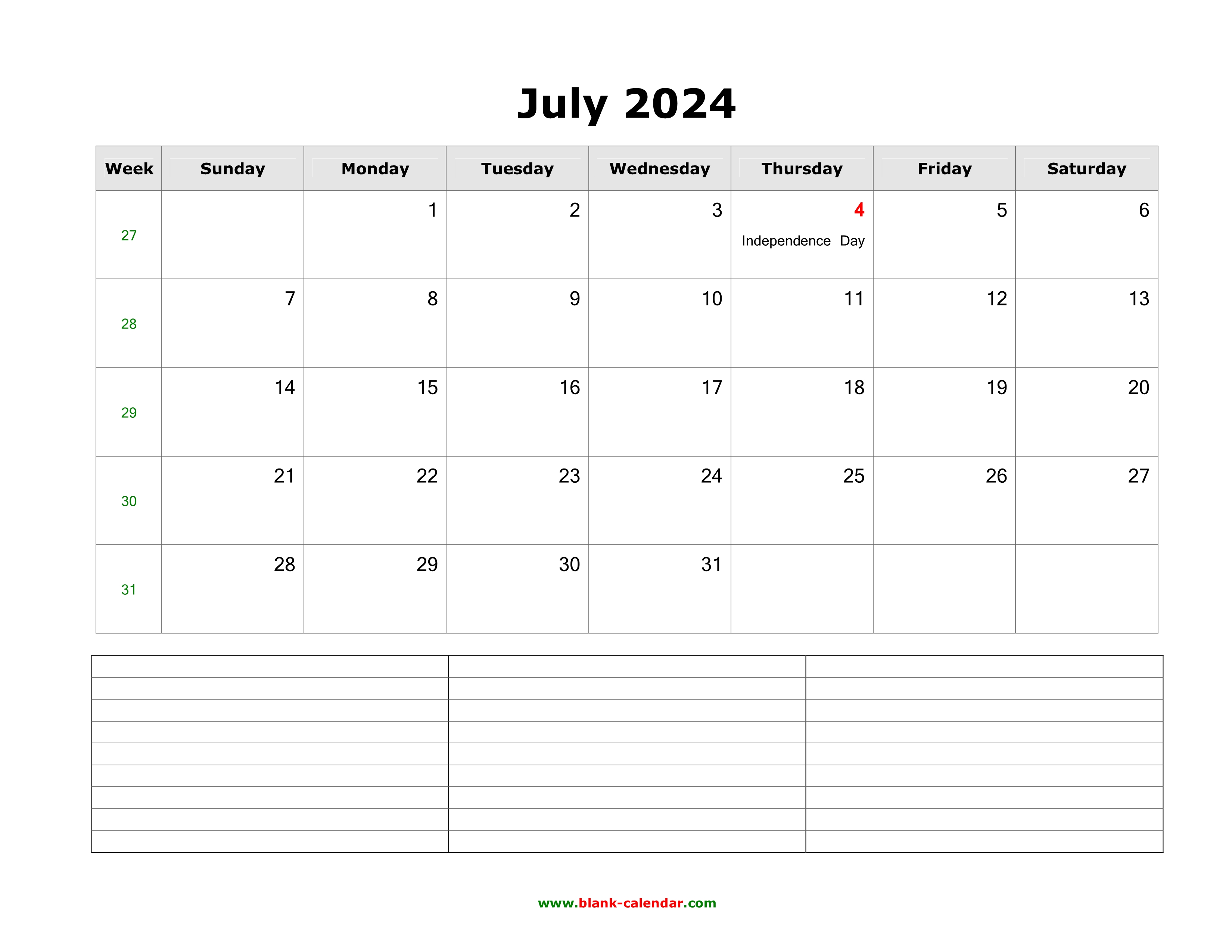 Download July 2024 Blank Calendar with Space for Notes (horizontal)
