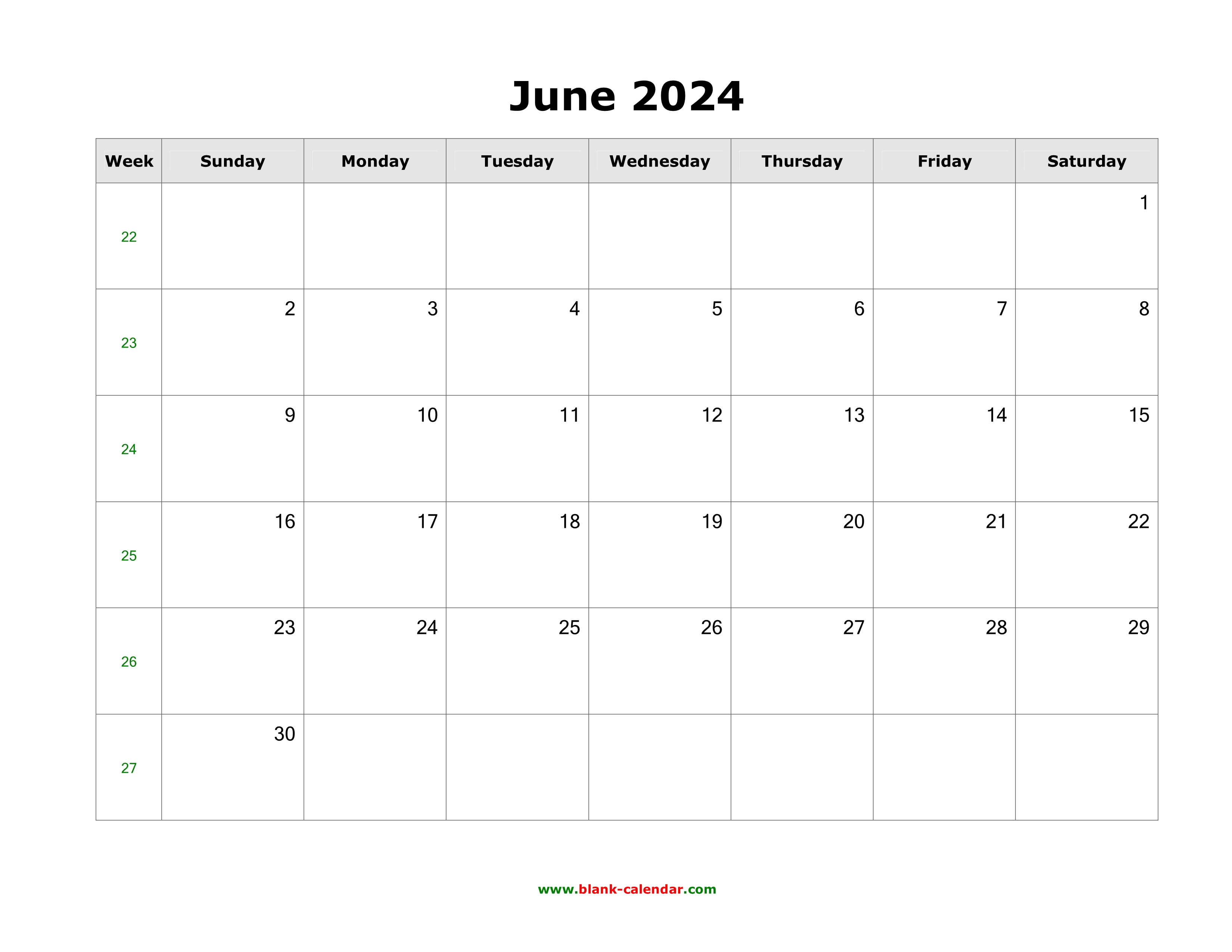 Download June 2024 Blank Calendar (horizontal)