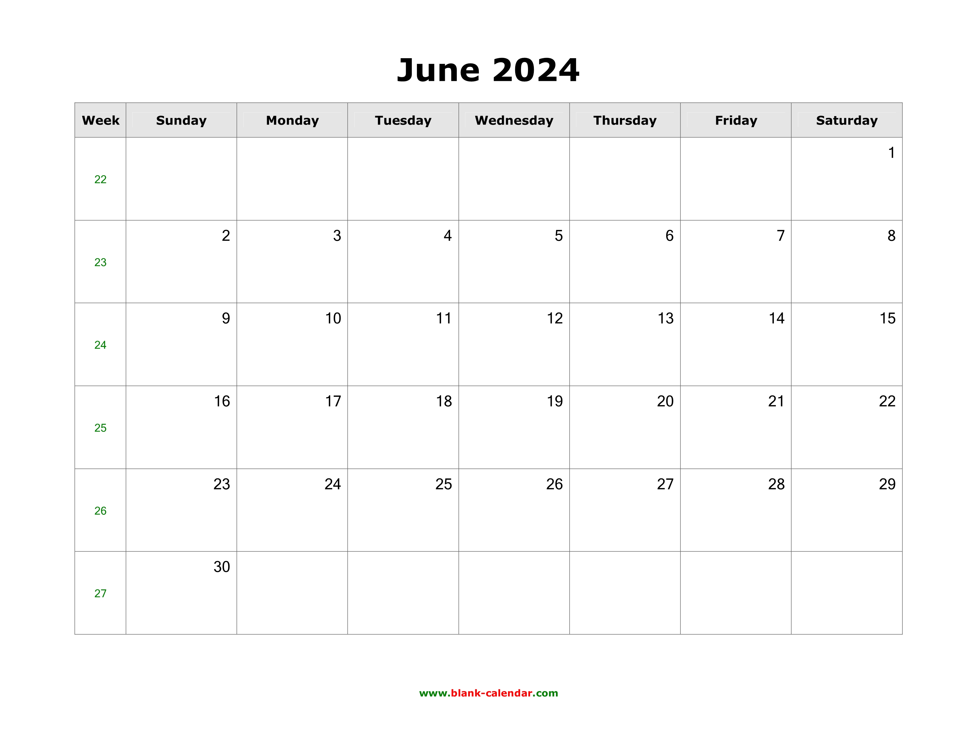 Download June 2024 Blank Calendar with US Holidays (horizontal)