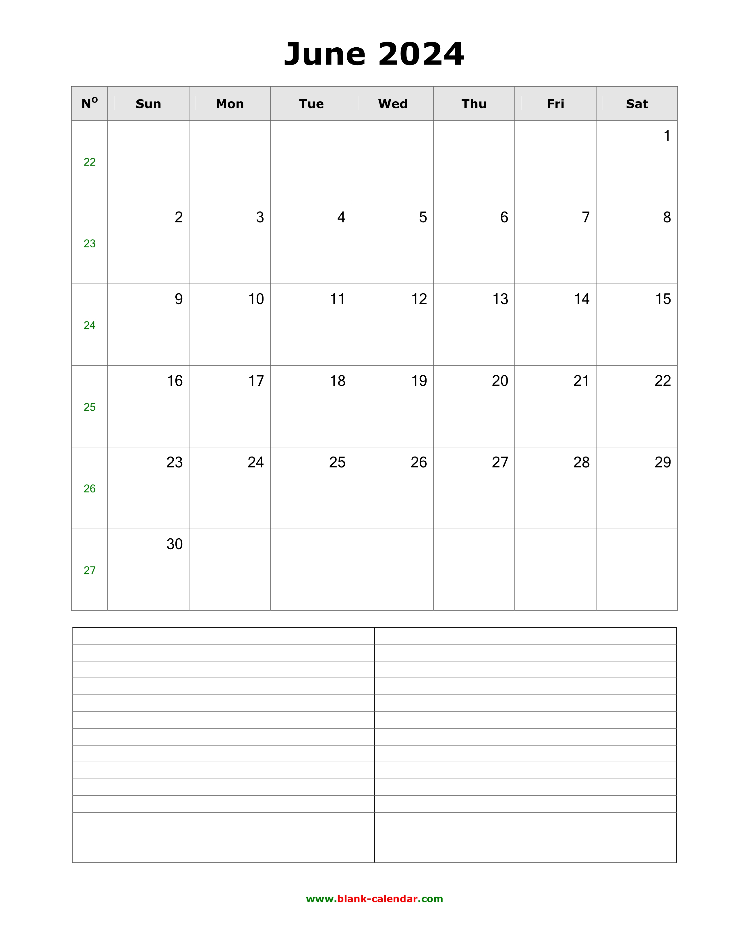 Download June 2024 Blank Calendar with Space for Notes (vertical)