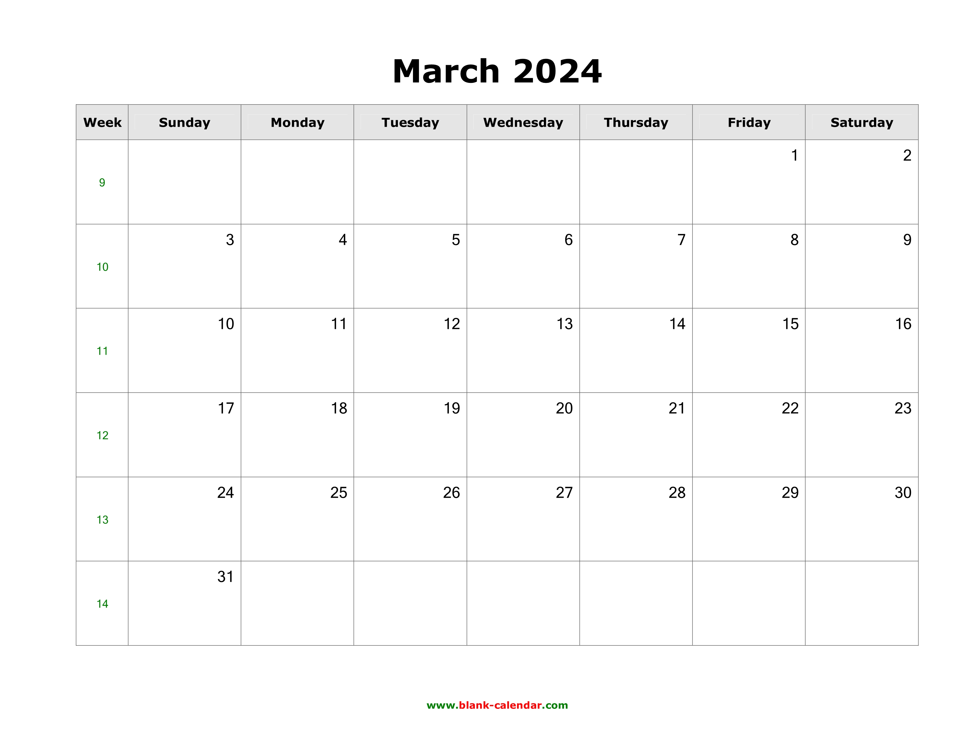 Download March 2024 Blank Calendar with US Holidays (horizontal)