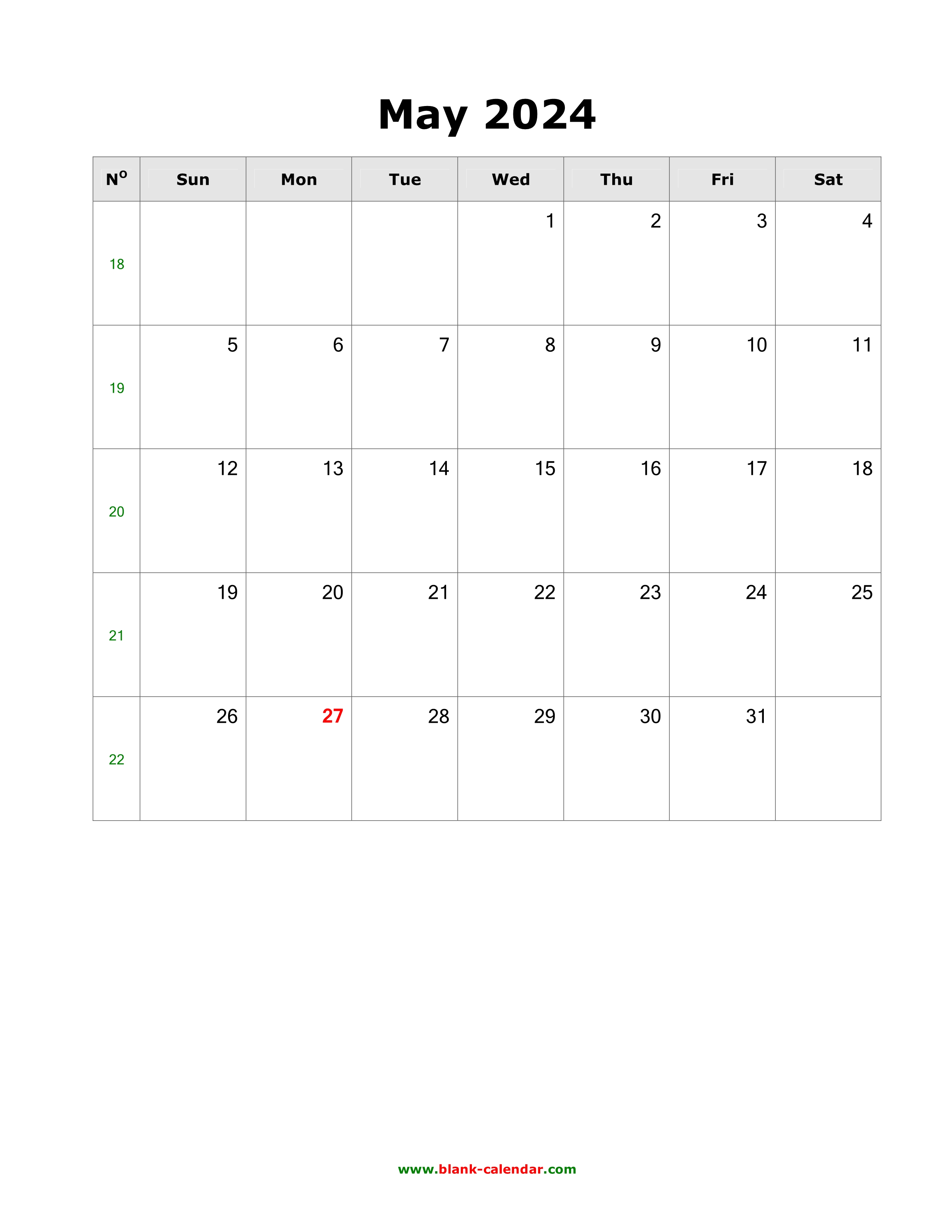 Download May 2024 Blank Calendar (vertical)