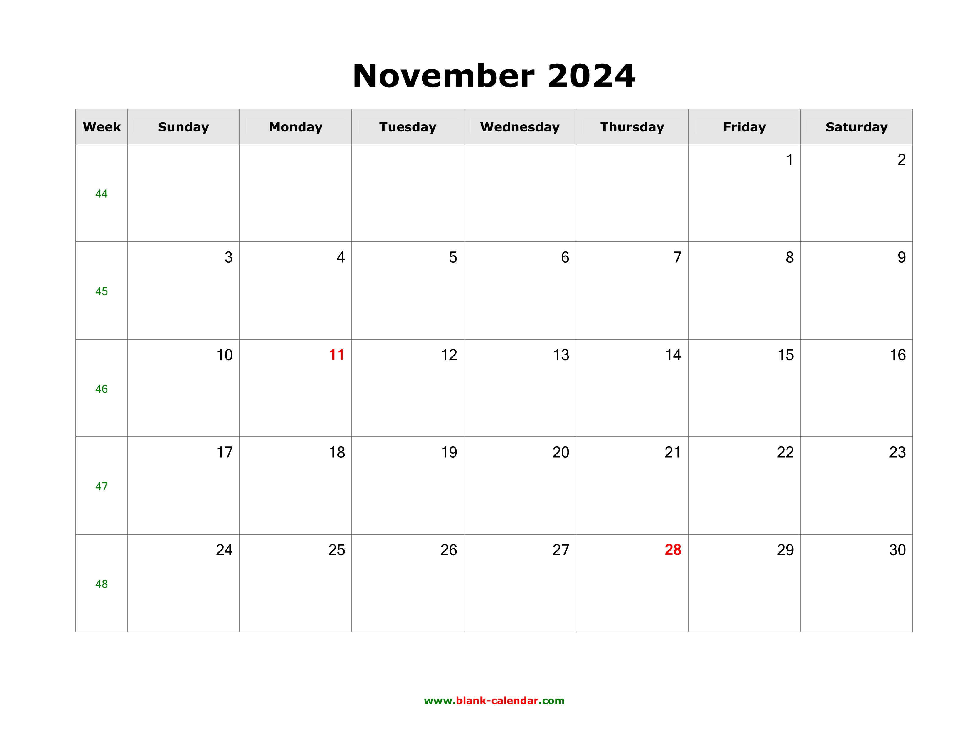 Download November 2024 Blank Calendar (horizontal)