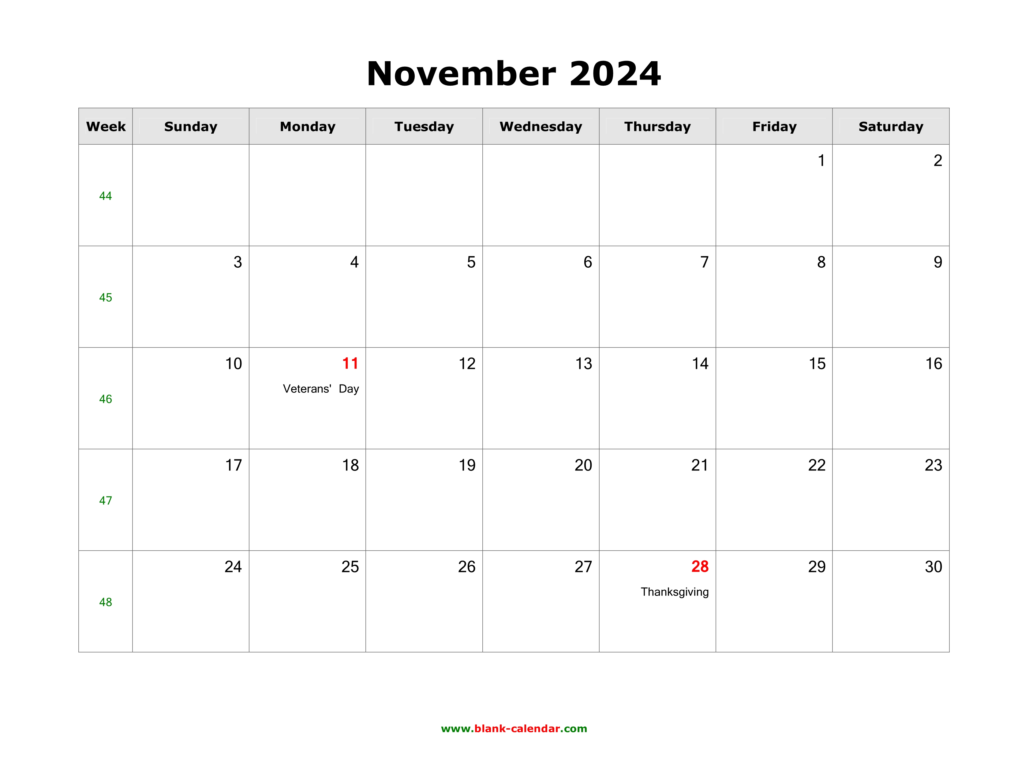 Download November 2024 Blank Calendar with US Holidays (horizontal)