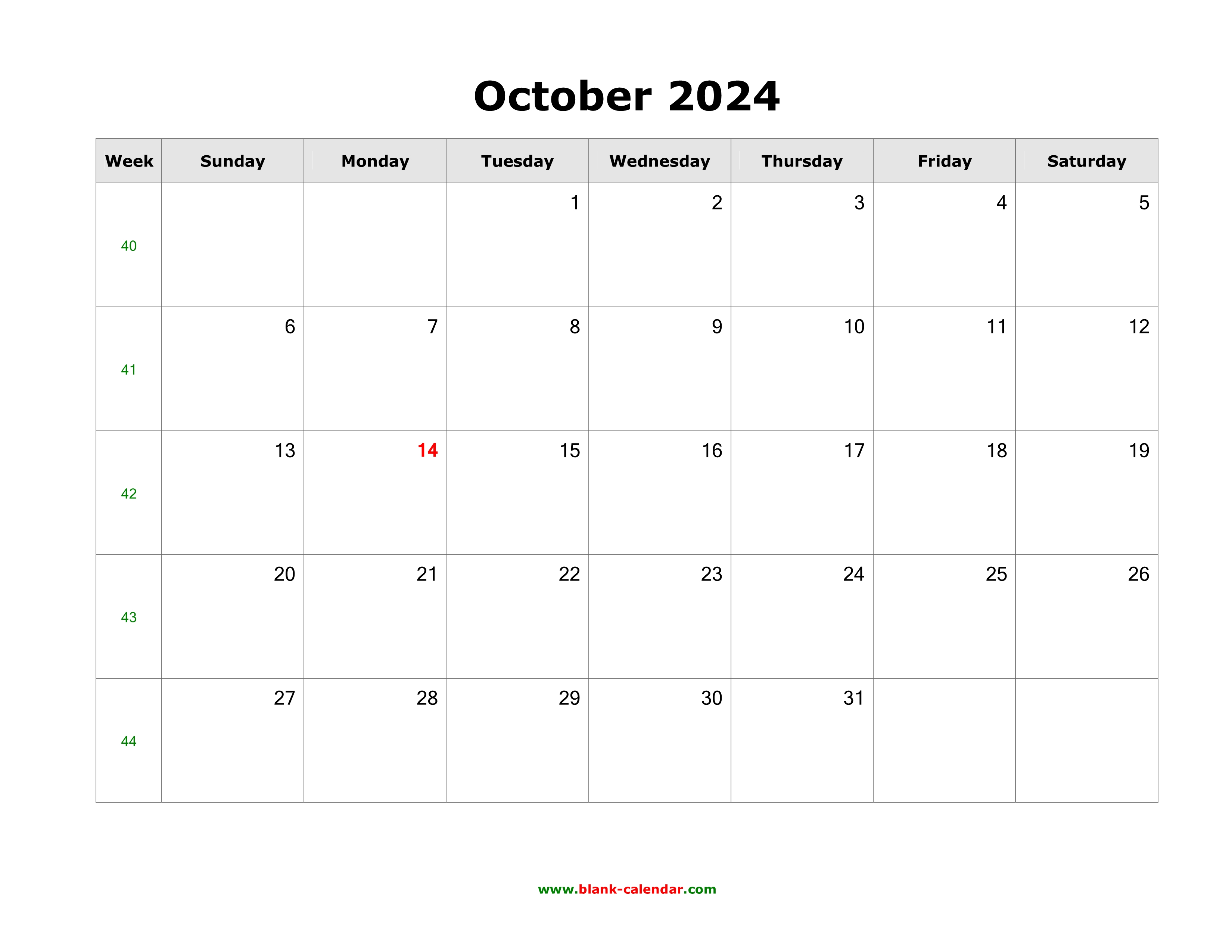 Download October 2024 Blank Calendar (horizontal)