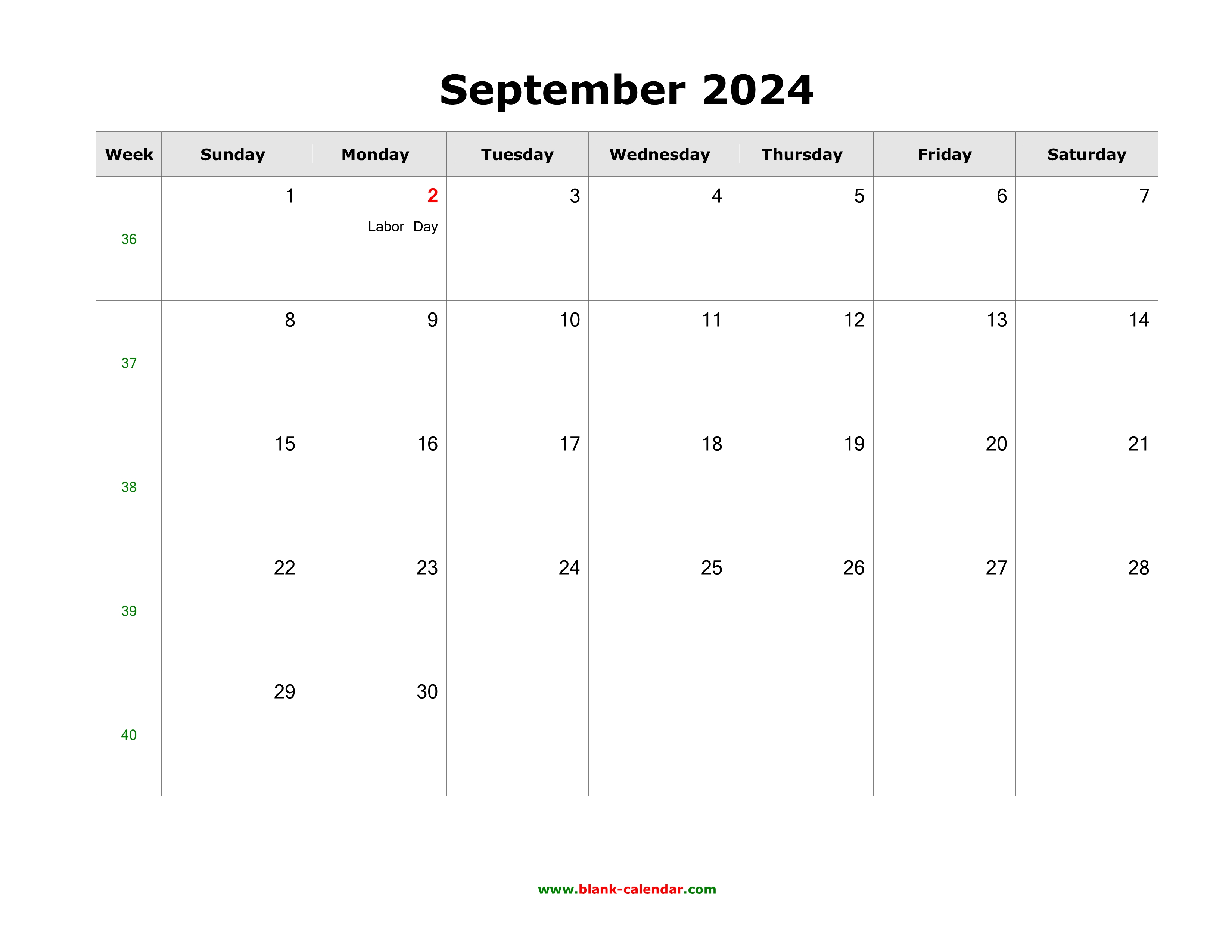 Download September 2024 Blank Calendar with US Holidays (horizontal)