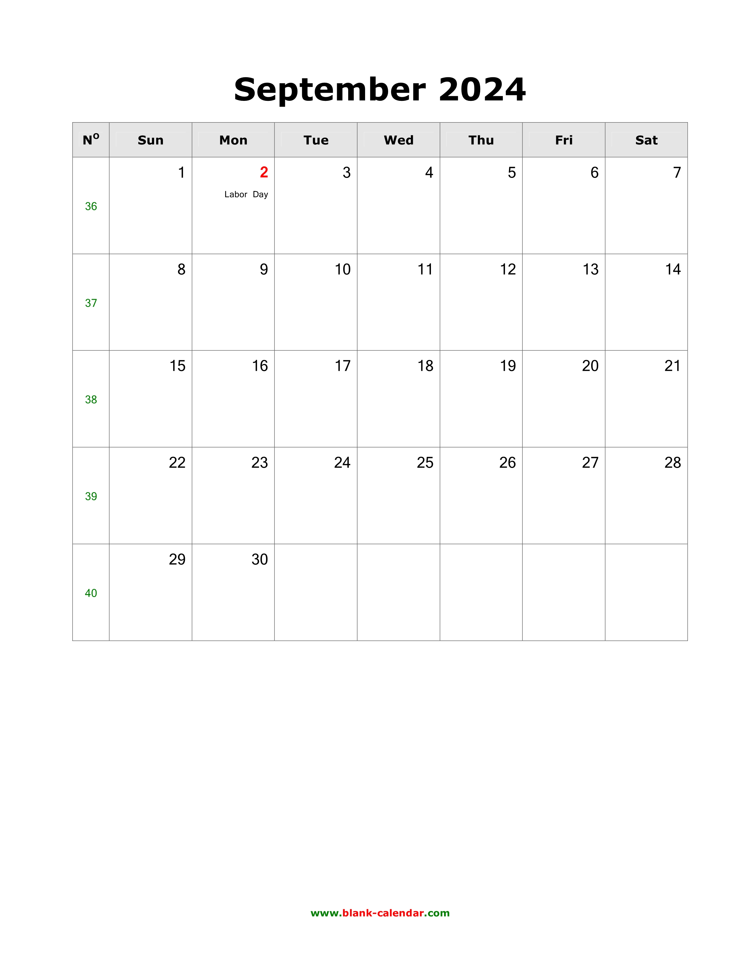 Download September 2024 Blank Calendar with US Holidays (vertical)