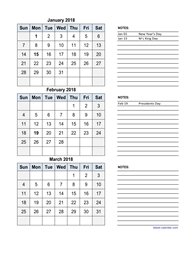 2018 Excel Calendar, 3 months in one excel spreadsheet (vertical)