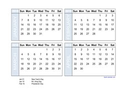 2018 excel calendar, four month in landscape format