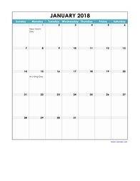 2018 excel calendar, full page table grid, US holidays