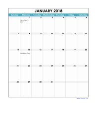 2018 excel calendar, full page table grid, US holidays