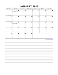 2018 Excel Calendar, large day boxes, space for notes (vertical)