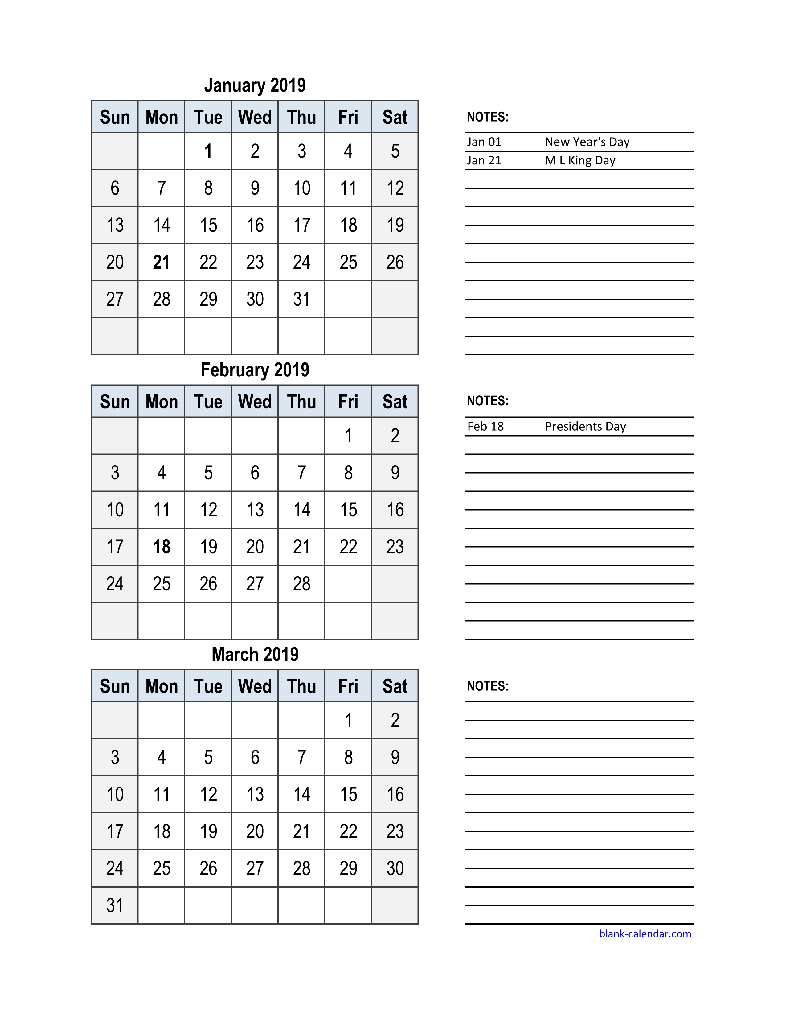 2019 Printable Calendar PDF or Excel