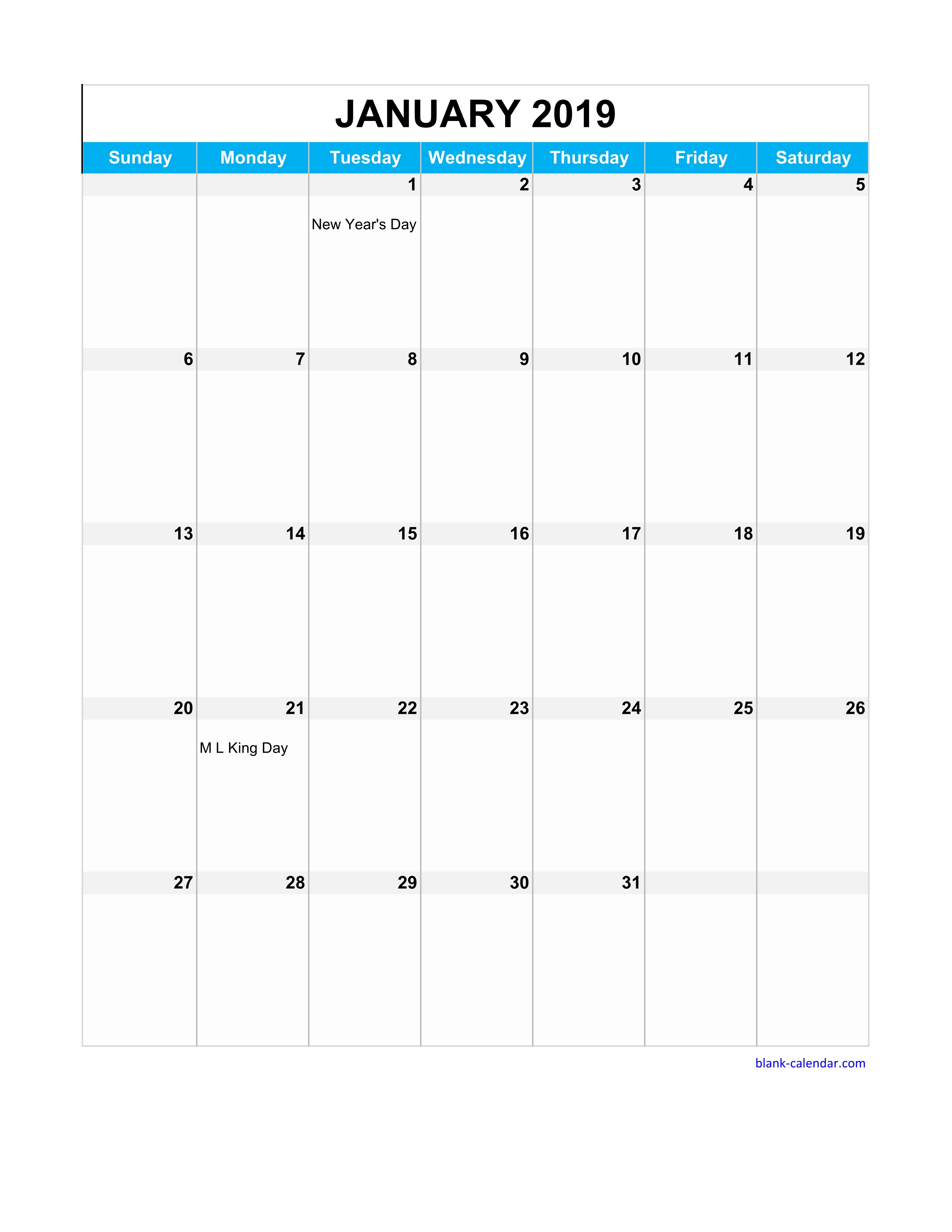 Year 2019 Calendar Excel