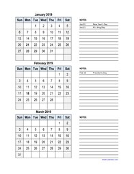 2019 Excel Calendar, 3 months in one excel spreadsheet (vertical)
