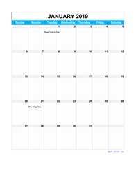 2019 Excel Calendar, full page table grid, US holidays (vertical)