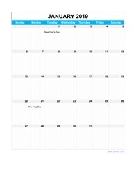 2019 excel calendar, full page table grid, US holidays