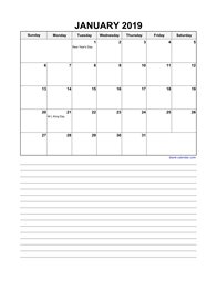2019 excel calendar, large day boxes, space for notes