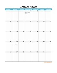 2020 excel calendar, full page table grid, US holidays