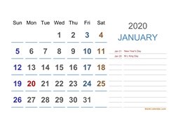 2020 Excel Calendar Large Space (horizontal)