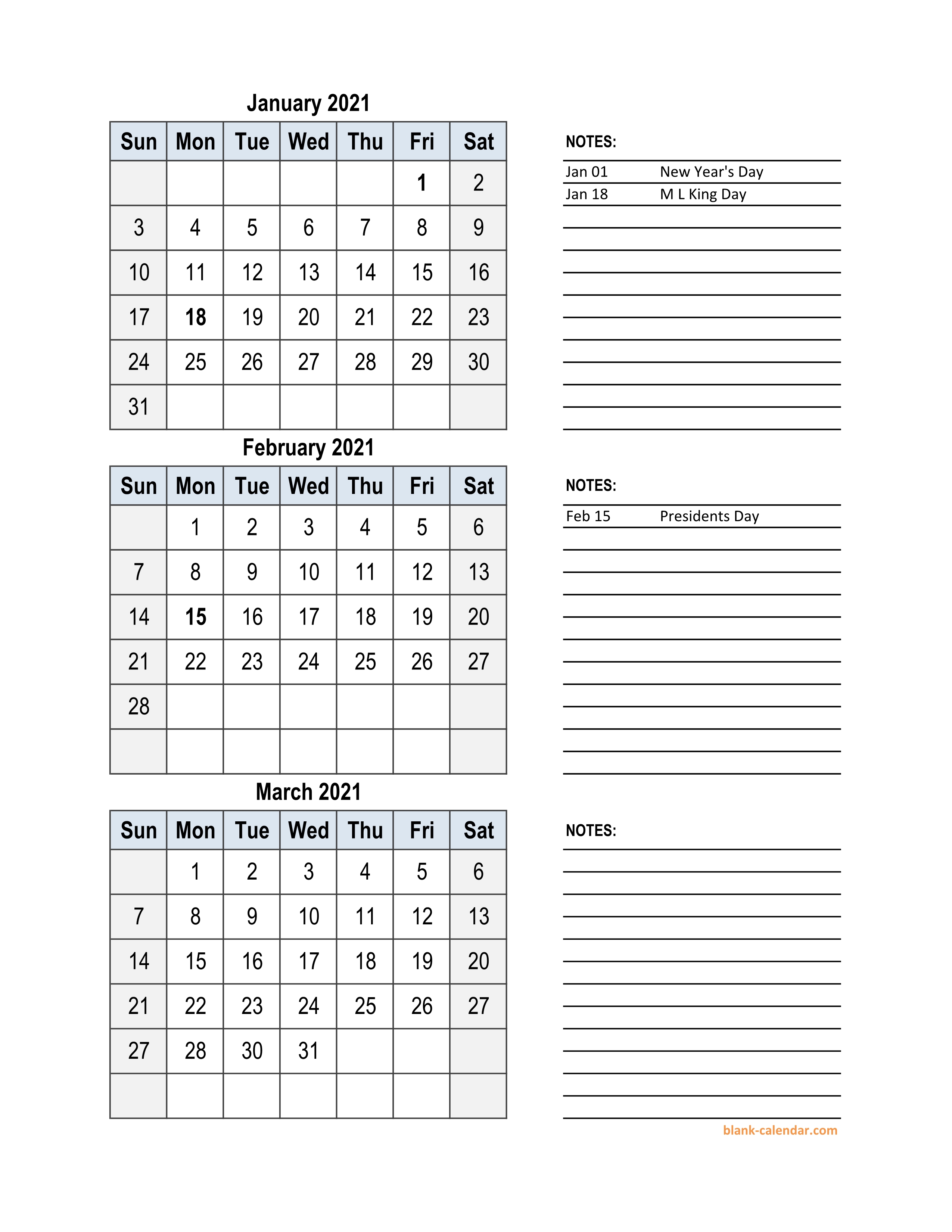 3 Month 2021 Calendar Printable March