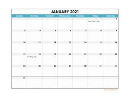 2021 Excel Calendar large boxes in the grid (horizontal)