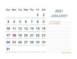 2021 Excel Calendar Large Space (horizontal)