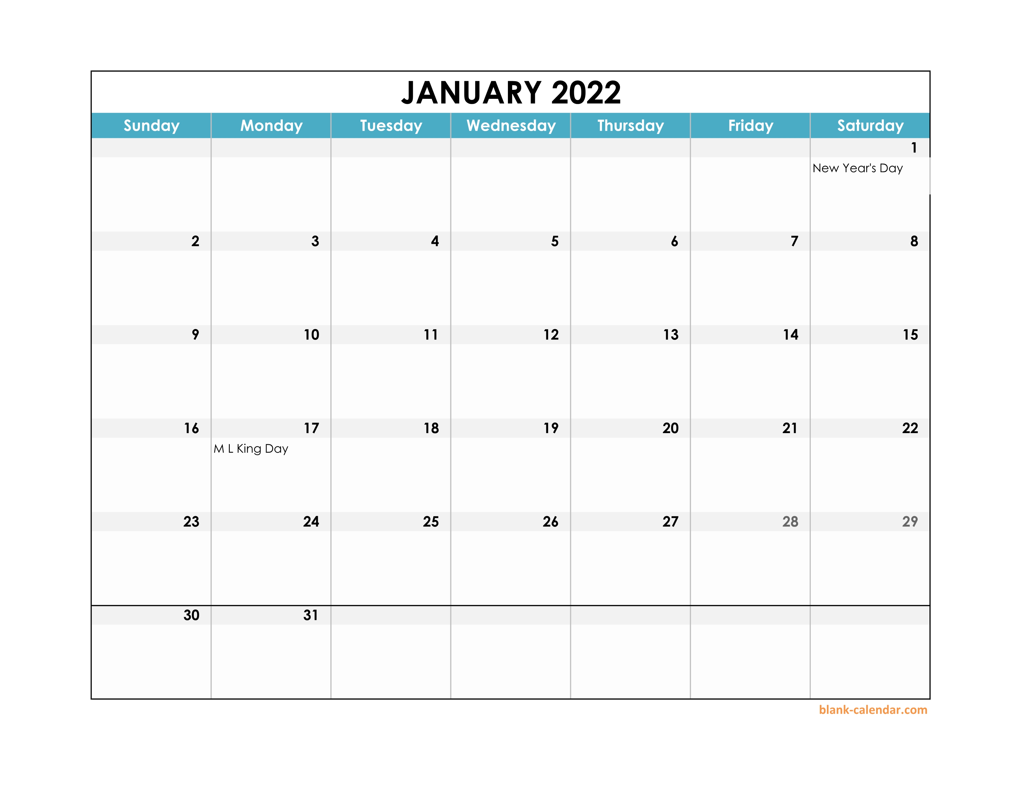 Free Excel Calendar 2022 Free Download 2022 Excel Calendar Large Boxes In The Grid (Horizontal)