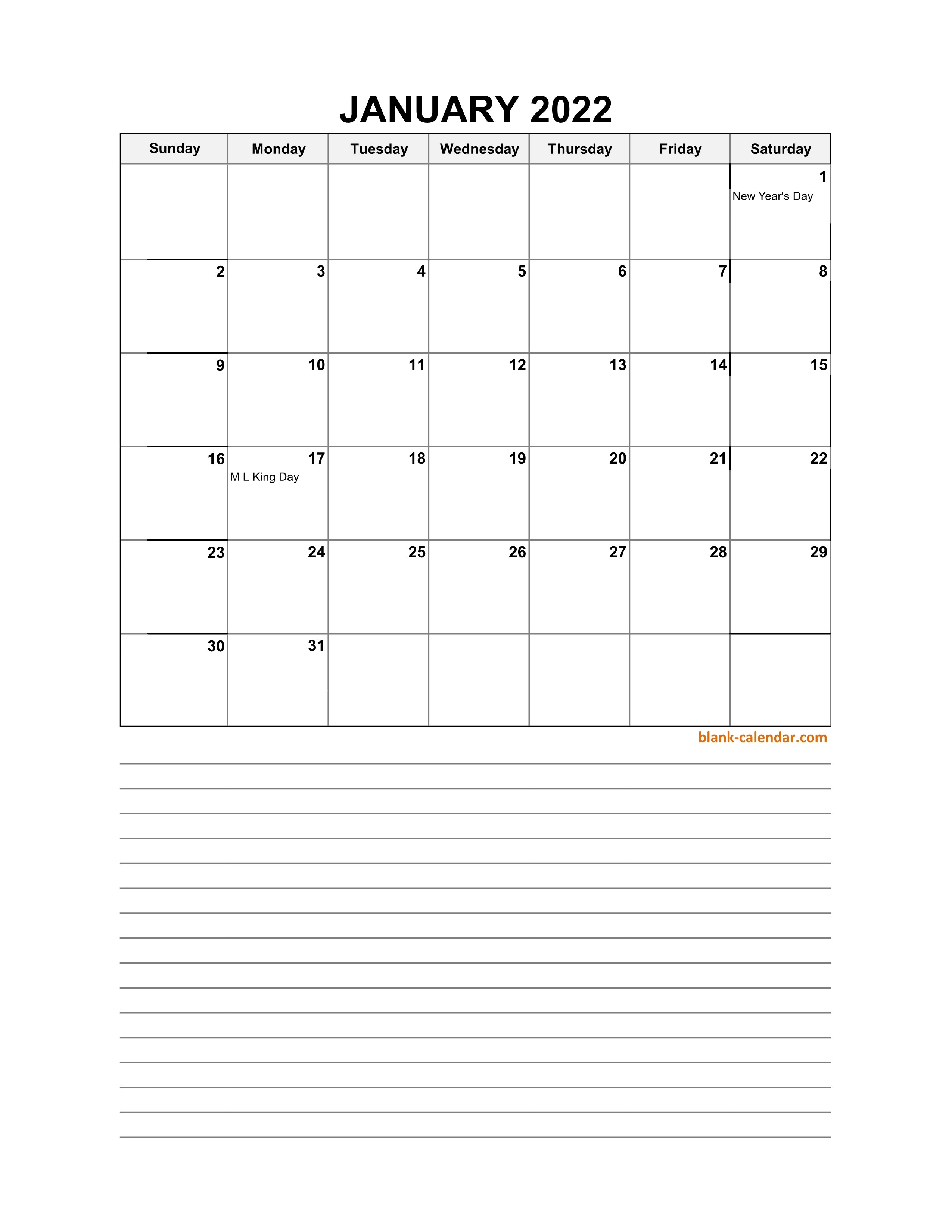 Free Download 2022 Excel Calendar, large day boxes, space for notes ...