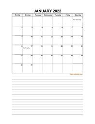 excel calendar 2022 space for notes