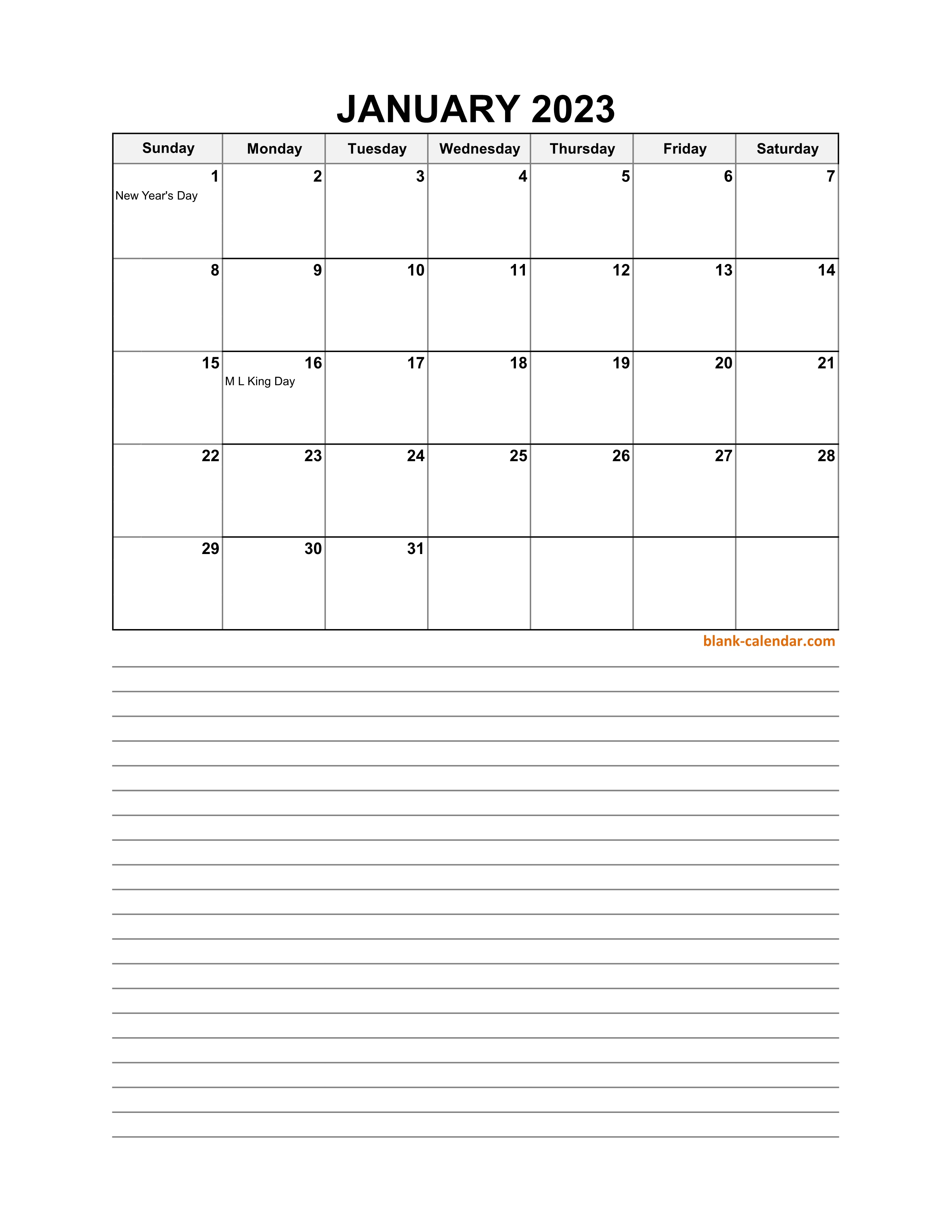 Free Download 2023 Excel Calendar, large day boxes, space for notes
