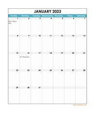 2023 excel calendar, full page table grid, US holidays