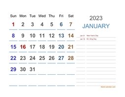 2023 Excel Calendar Large Space (horizontal)
